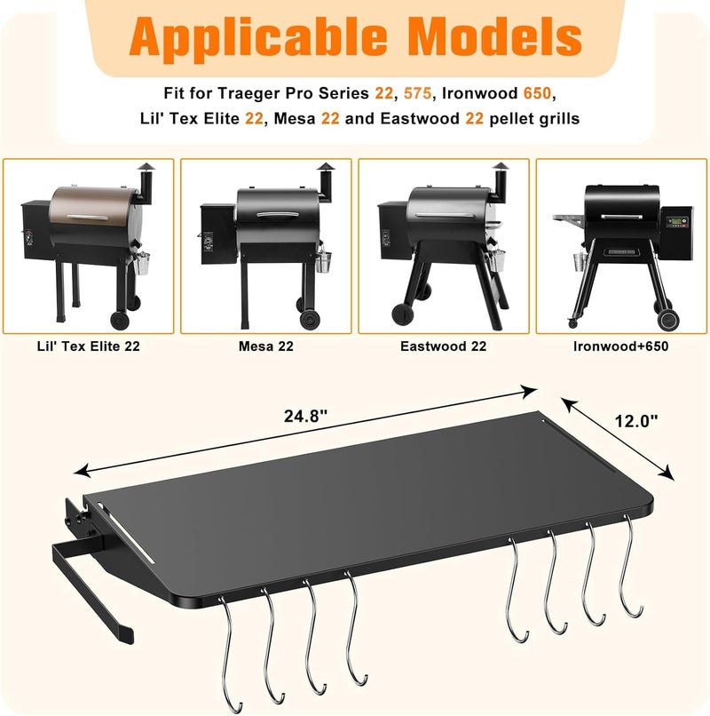 PHYESUVIN Folding Shelf for Traeger Pellet Grills, BAC362 Pellet Front Shelf with Hooks and Paper Towel Holder for Traeger Pro 22, Pro 575, Eastwood 22, Ironwood 650 and Century 22 Series Pellet Grill - Image 2